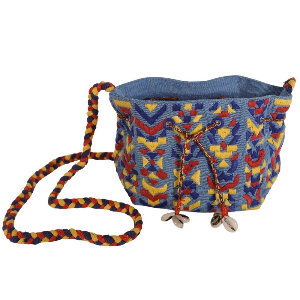 Lovestitch Boho Denim Embroidered Bucket Bag w/ Shells - Blue Denim - NWT